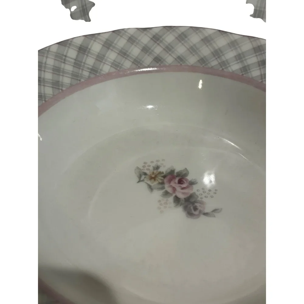 Jessica McClintock Westbury Court Clarise Soup Bowls Floral Pink Plaid Set of 3